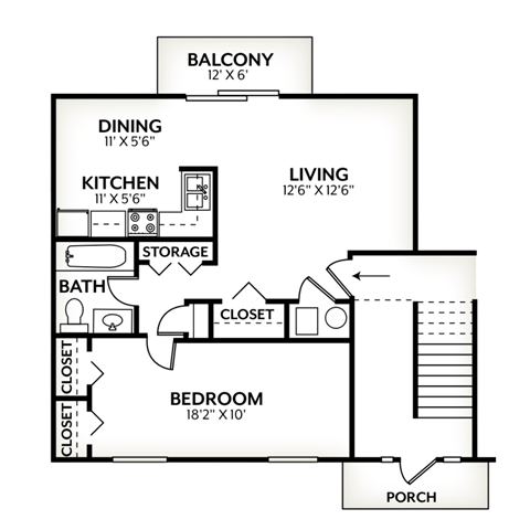 Floor plan for 1 bed, 1 bath, 800 sqft